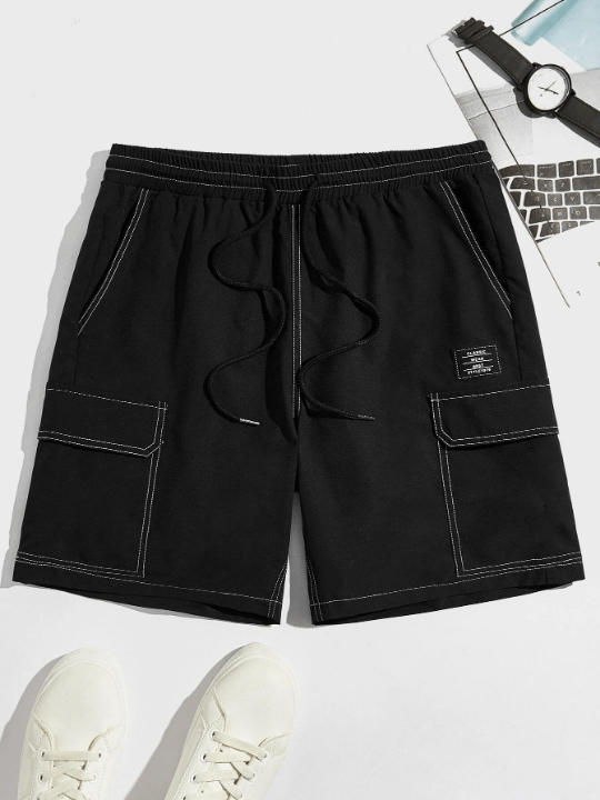 Manfinity Hypemode Men Letter Patched Detail Flap Pocket Drawstring Waist Shorts - Lolli World Marketplace