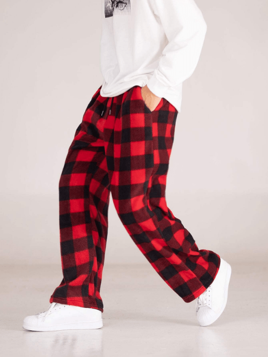 Manfinity Hypemode Men's Loose - Fitting Gingham Print Wide - Leg Pants With Drawstring Waist - Lolli World Marketplace