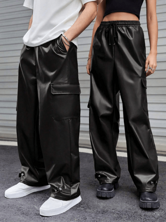 Manfinity Unisex 1pc Drawstring Waist Flap Pocket Side PU Leather Cargo Pants - Lolli World Marketplace