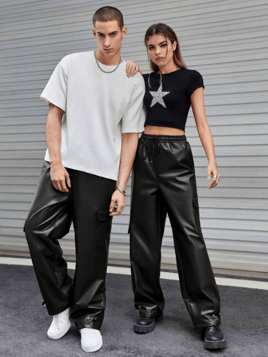 Manfinity Unisex 1pc Drawstring Waist Flap Pocket Side PU Leather Cargo Pants - Lolli World Marketplace