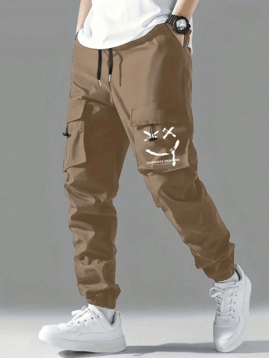 Men Cartoon Graphic Flap Pocket Drawstring Waist Cargo Pants - Lolli World Marketplace