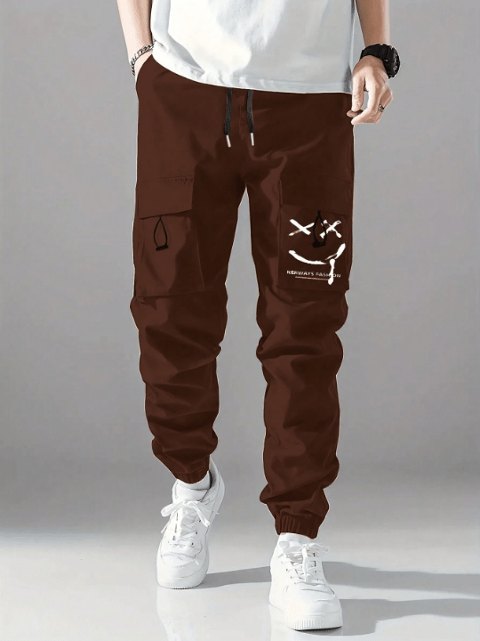 Men Letter Graphic Drawstring Waist Cargo Pants - Lolli World Marketplace