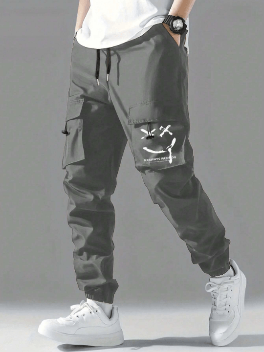 Men Letter Graphic Flap Pocket Drawstring Waist Cargo Pants - Lolli World Marketplace