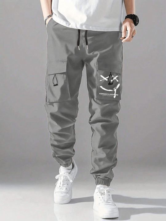 Men Letter Graphic Flap Pocket Drawstring Waist Cargo Pants - Lolli World Marketplace