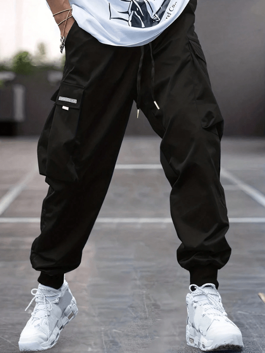 Men Letter Graphic Flap Pocket Drawstring Waist Cargo Pants - Lolli World Marketplace