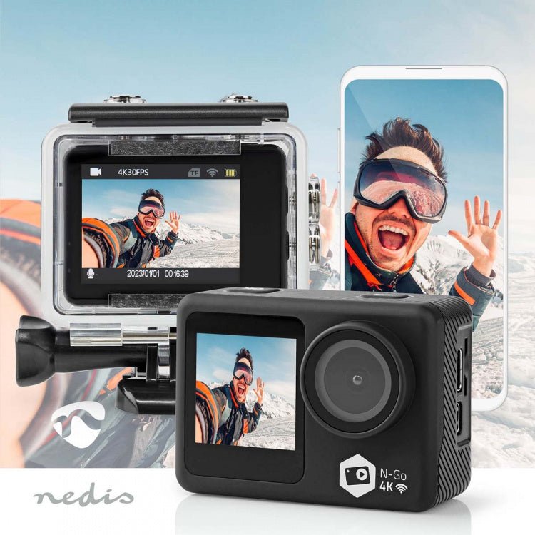 Nedis Action Camera | Dual Screen | 4K@30fps | 16 MPixel | Waterproof up to: 30.0 m | 90 min | Wi - Fi | App available for: Android™/iOS | Brackets included | Black