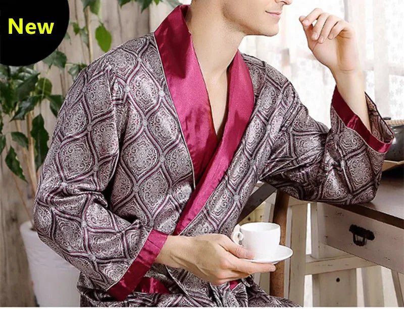 New 2025 Men's Luxury Pajamas Robes Silk Kimono Robe Long Sleeve Bathrobe Satin Nightgown Male Summer Home Clothing Oversize 5XL