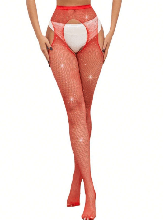 New Arrival Red Sexy Women's Lingerie Long Stocking With Rhinestone Decor Fishnet Tights, High Waisted With Four Openings - Lolli World Marketplace