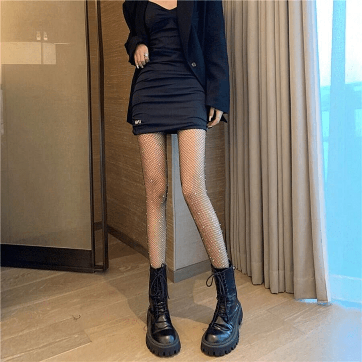 New Arrival Rhinestone Decor Fishnet Stocking With Open Crotch, Rhinestone Garter Belt And Long Socks Design - Lolli World Marketplace