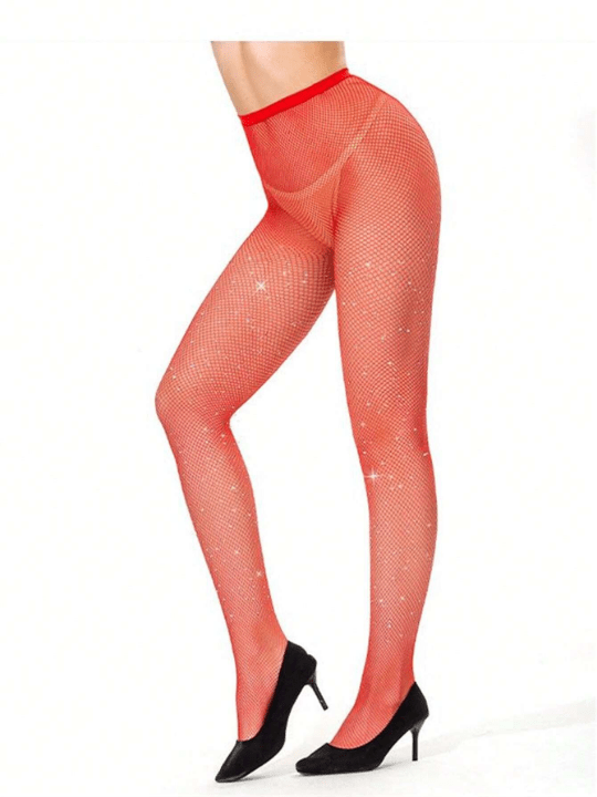 New Fashion Rhinestone Fishnet Tights Women Red Pantyhose Sexy Cut Out Net Tights Party Club Lady Elasticity Nylon Stockings - Lolli World Marketplace