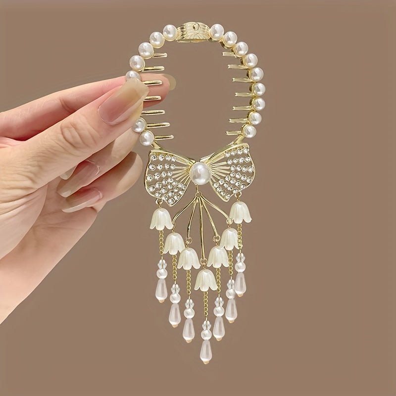 New High - end Bun Head Girl Retro Rhinestone Imitation Pearl Lily Of The Valley Back Hairpin