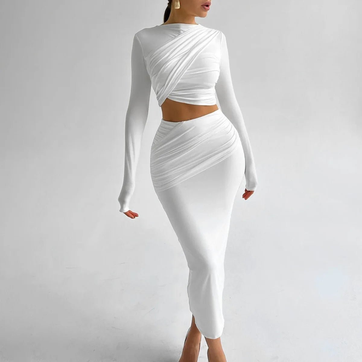 New Long Sleeve Pleated Crop Top and Maxi Skirt Set 2026 Women's 2 - Piece Elegant Solid Color Outfit Slim Fit Party Evening Wear