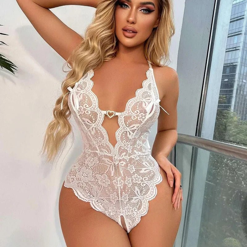 One Piece Women's Close Fitting Clothes Transparent Lace Sexy V - neck Backless Crotch Free Open Lingerie Mini Short Nightdress