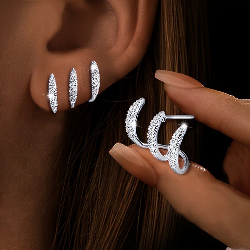 Pair of 925 Silvery plated Geometric Three - Prong Earrings, Versatile Ear Studs for Birthday or Anniversary Gift, Suitable for Daily Wear or Parties, for Teenager