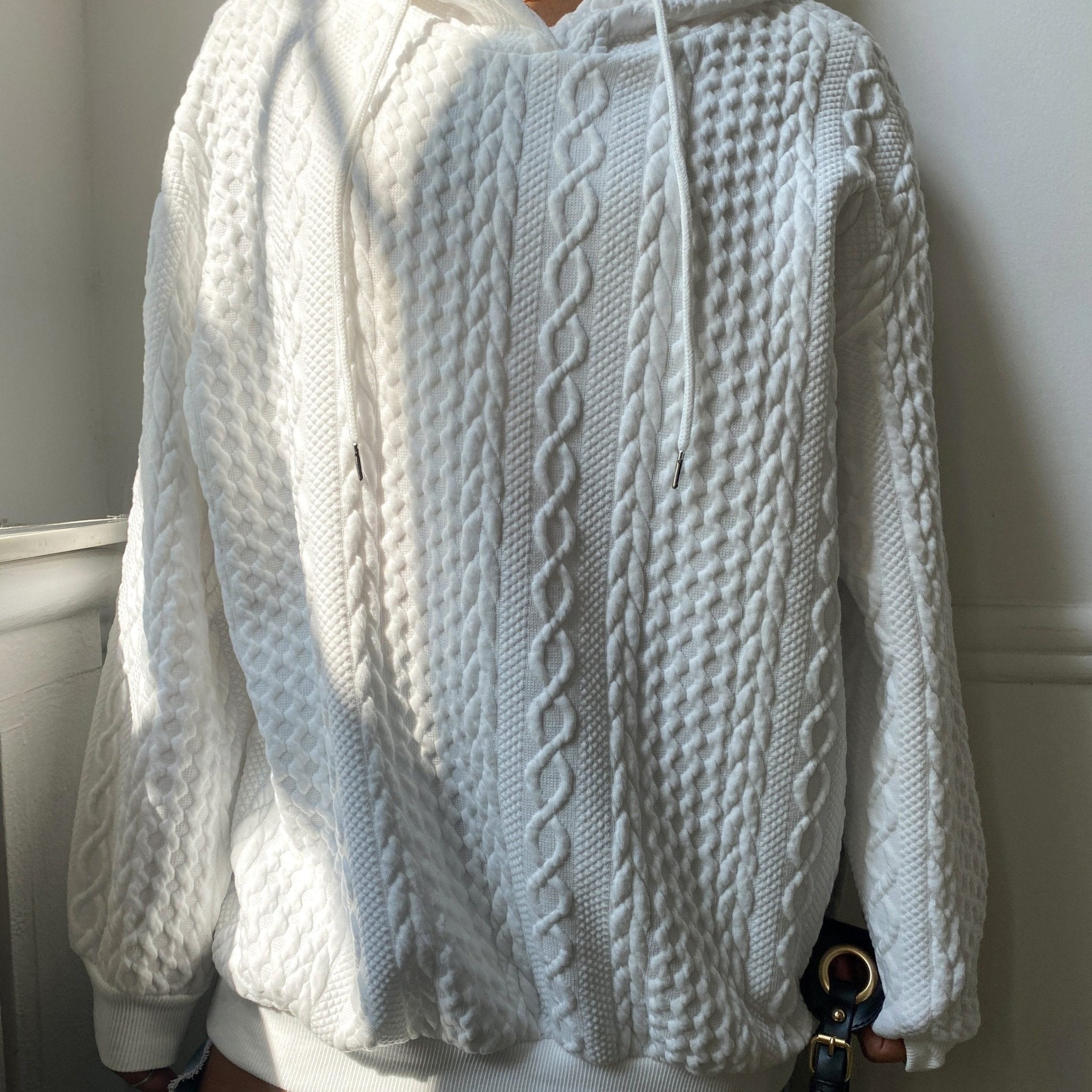 Plus Size Casual Hoodie, Women's Plus Solid Ribbed Long Sleeve Slight Stretch Hoodie Drawstring Sweatshirt