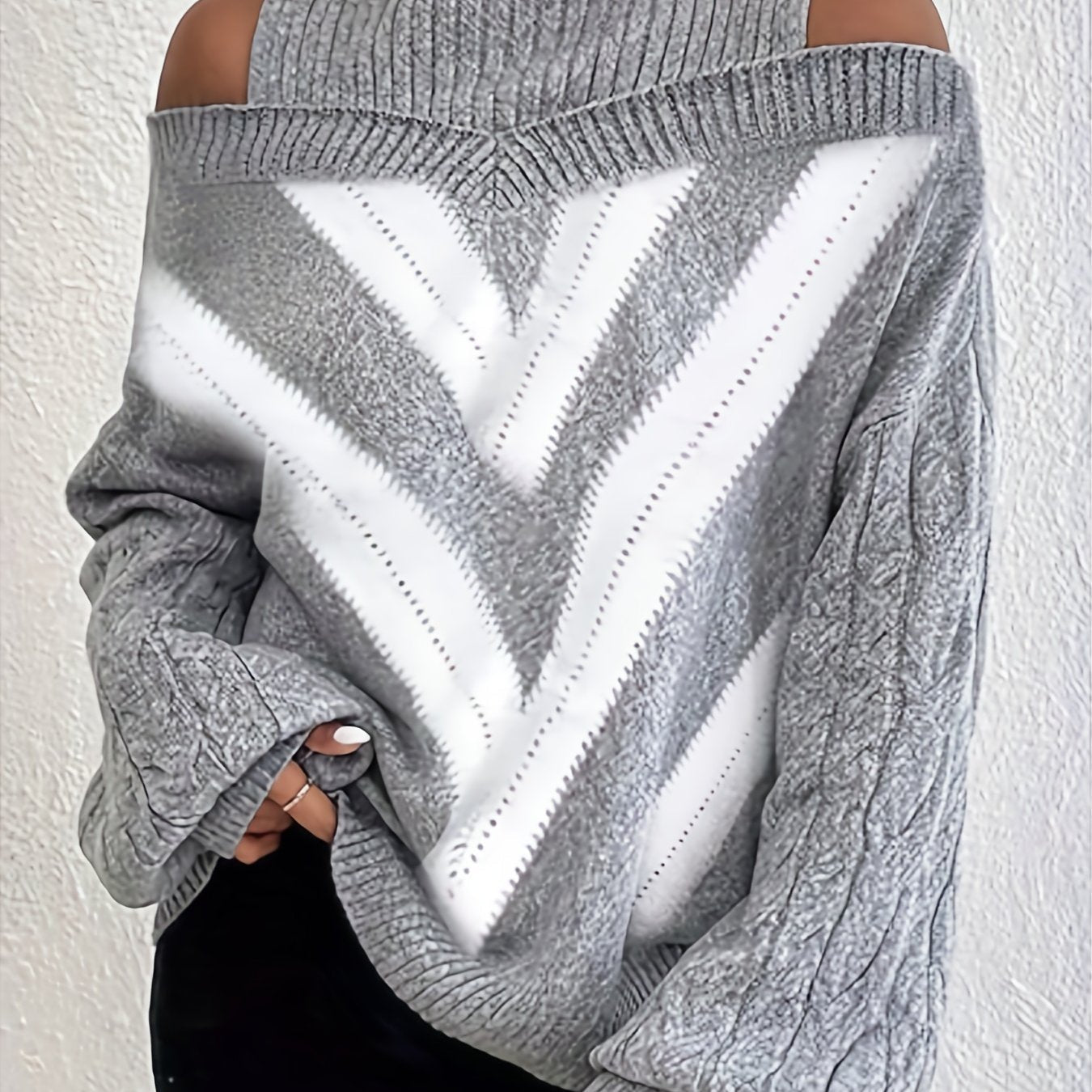 Plus Size Off - Shoulder High Neck Cable - Sweater - Striped Grey & White Pullover, Machine Washable Spring/Fall Women's Fashion, Resort Style Elegant Knitwear, Cute Sweaters, Transitional Casual Wear, Trendy Knitwear, Durable Winter Wear