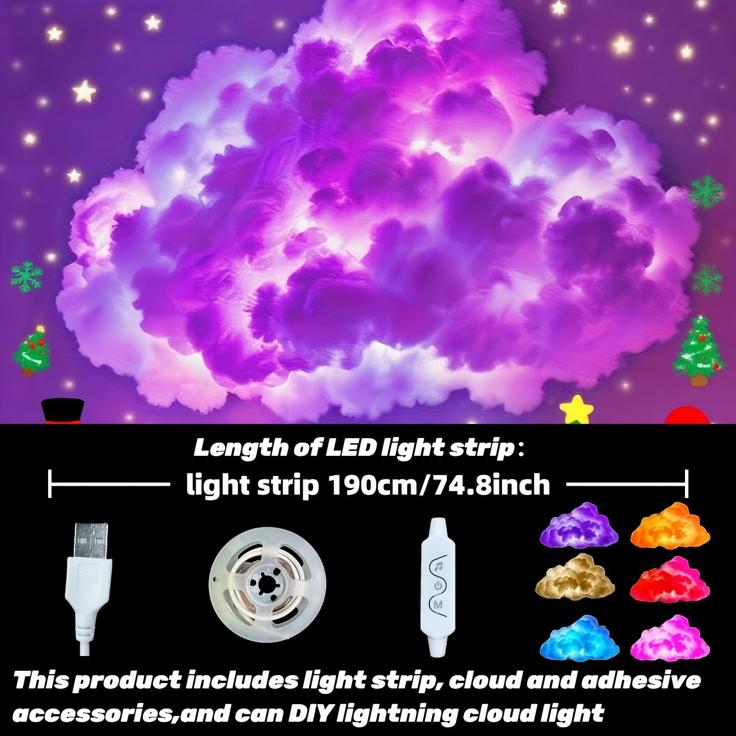 RGBIC Dynamic Cloud Light | RGB LED Strip Lights, 74.8inch Light Strip, Adjustable Shape, Music Synchronized, USB Powered, Ideal for Bedroom, Living Room, Game Room, Club Decoration, Easy Installation, Perfect Holiday Gift