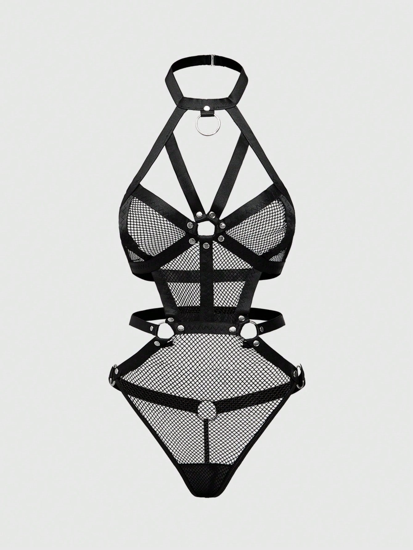 ROMWE Grunge Punk Women's Punk Style Hollow Grid Studded Halter Crotchless Bodysuit Lingerie
