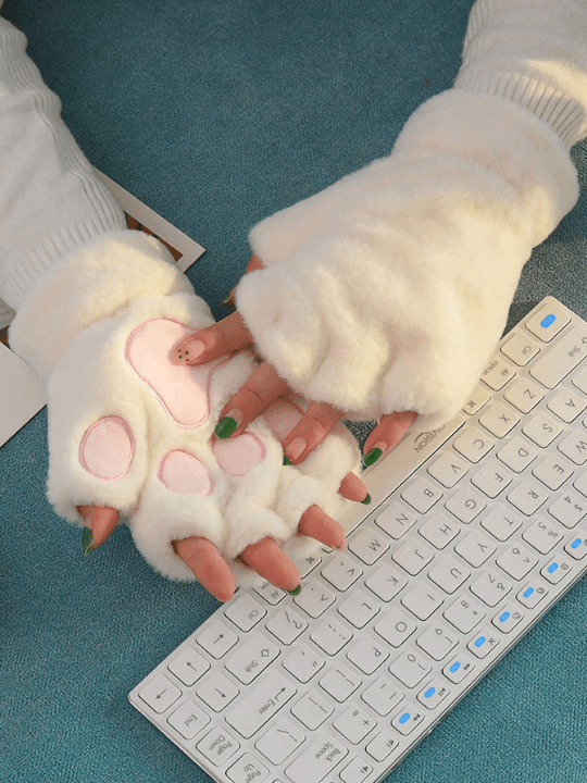 ROMWE Kawaii Cat Paw Design Fuzzy Fingerless Gloves - Lolli World Marketplace