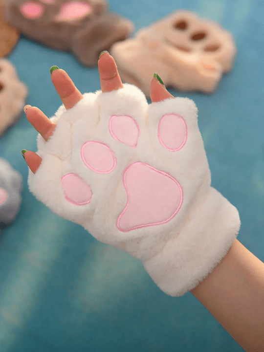 ROMWE Kawaii Cat Paw Design Fuzzy Fingerless Gloves - Lolli World Marketplace