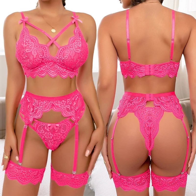 Sexy 3 - Pieces Women Pajamas Set Deep V - Neck Tops And Shorts Garters Pajama Suit Ladies Sling Nightwear Sexy Lingerie Babydoll