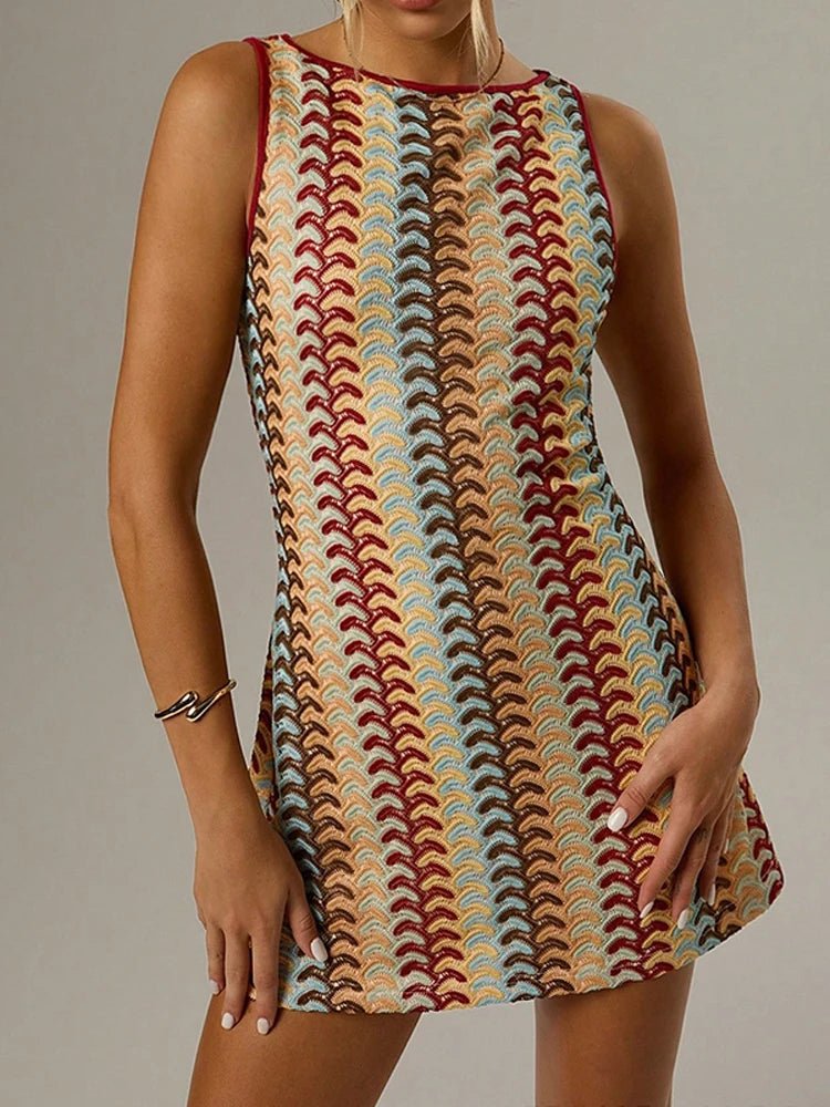 Sexy Color Splicing Stripe Knitted Mini Vestido Women Chic Sleeveless Slanted Shoulder Backless Slim Dress 2025 Beach Party Wear