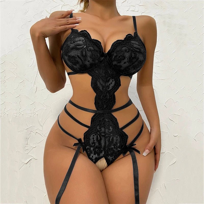 Sexy Crotchless Lingerie For Women Mesh See Through Pajama Sets Hot Erotic Sleepwear Female Teddy Night Dress Deep V Pajamas Set