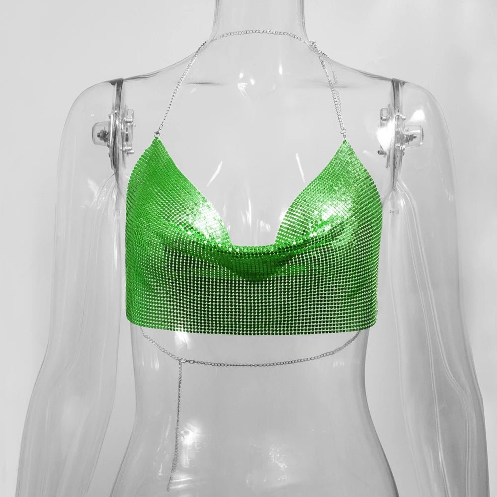 Sexy Metal Metallic Crop Top Women Beach Halter Corset Tops Glitter Backless Party Club Tank Top Clothes Top Camisole Croppe