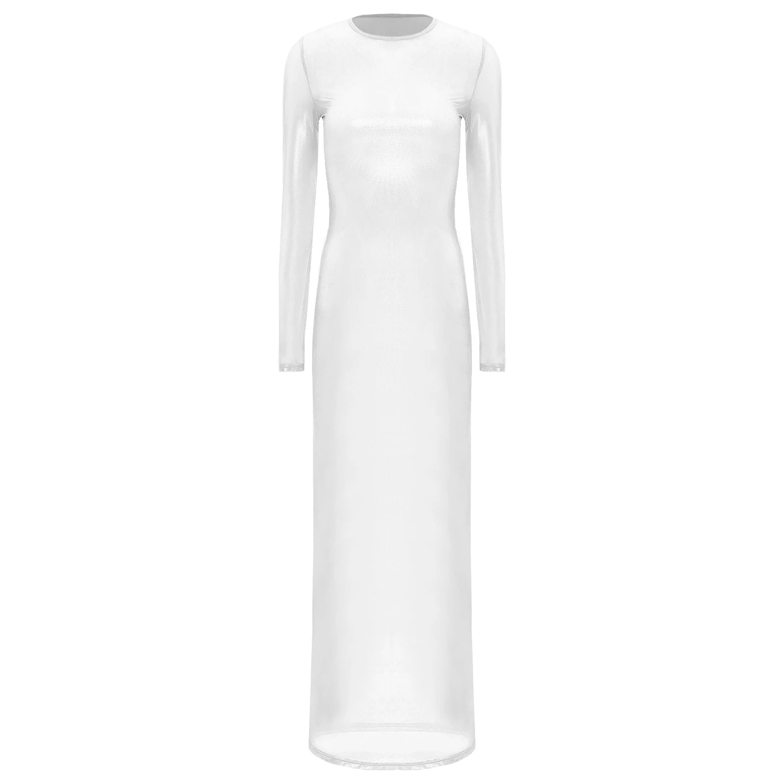 Sexy See - through Long Maxi Beach Dress Women Metallic Glossy Full Sleeve Solid Color Mesh Female Night Party Clubwear Costumes