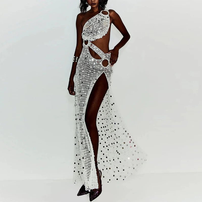 Sexy Sequin Hollow Out Knitted Long Dress Women Single Shoulder Show Waist Split Maxi Gown 2026 Lady Summer New Chic Beach Robe