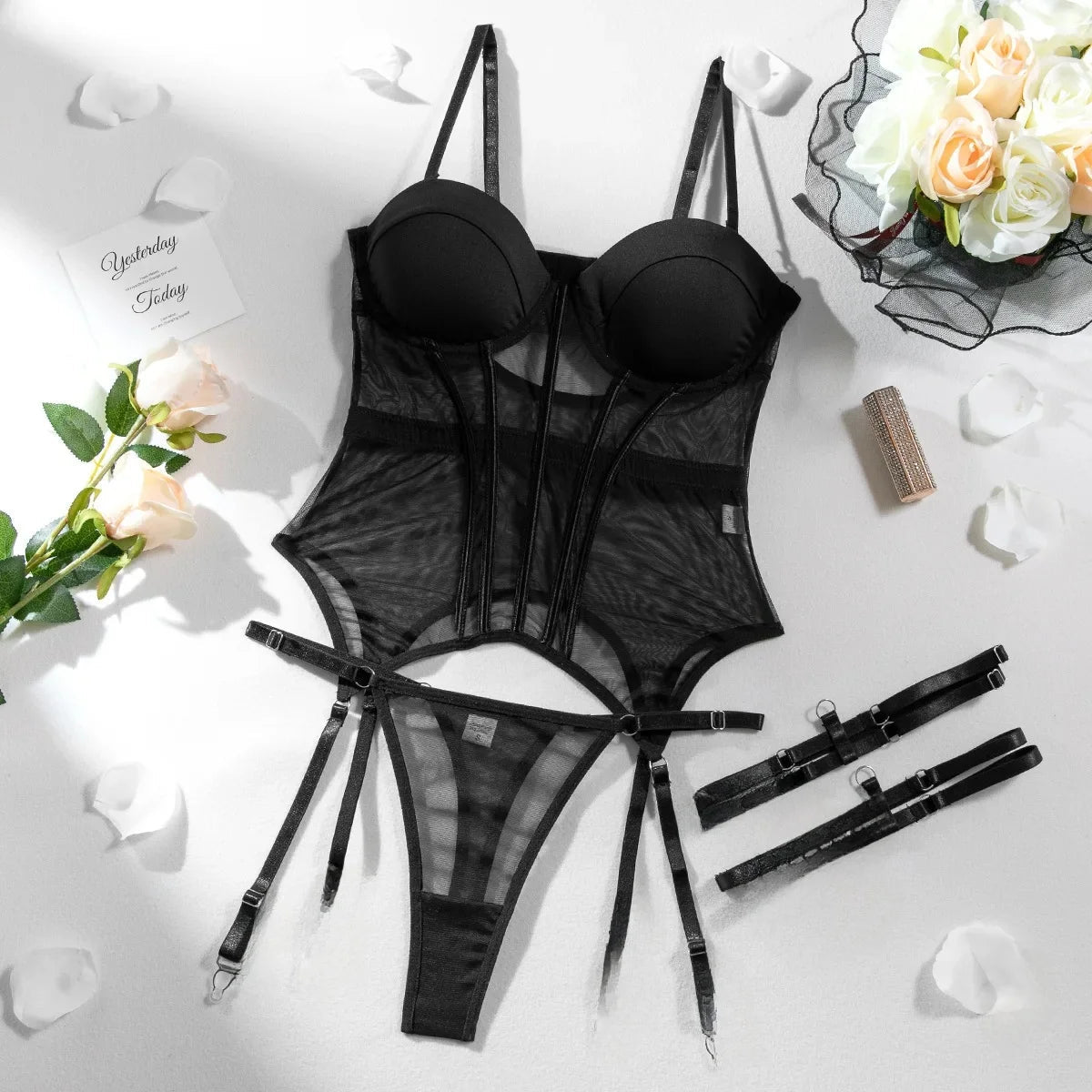 Sexy Transparent Mesh Splicing Women's Cotton Gathered Body Suit Bra Underpant Nylon Fabric Thin Style Summer Fashion Crossbody