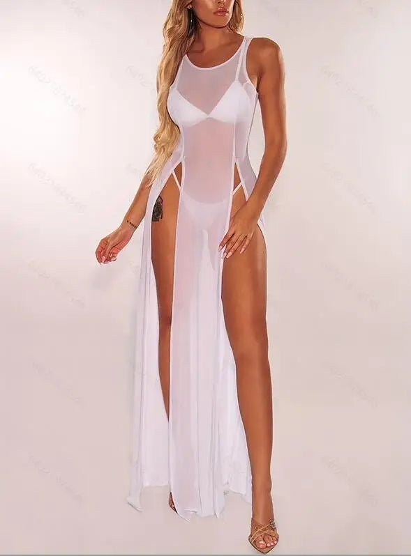 Sexy Womens Mesh Sheer Long Dress Ladies Bikini Cover Up Beach Sundress Solid See - through Long Dress Sleeveless Strap Dress