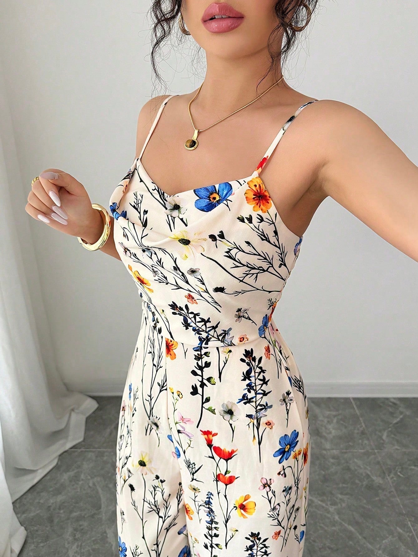 SHEIN PETITE Women's Elegant Floral Print Sleeveless Draped Neck Jumpsuit, Long Wide Leg Design, Spring & Summer
