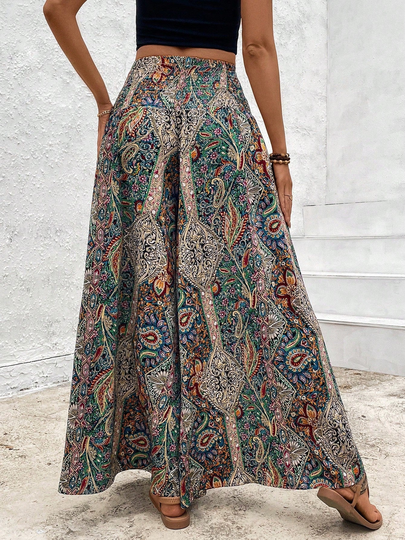 SHEIN PETITE Women's Holiday Cashew Print Loose Wide Leg Trousers
