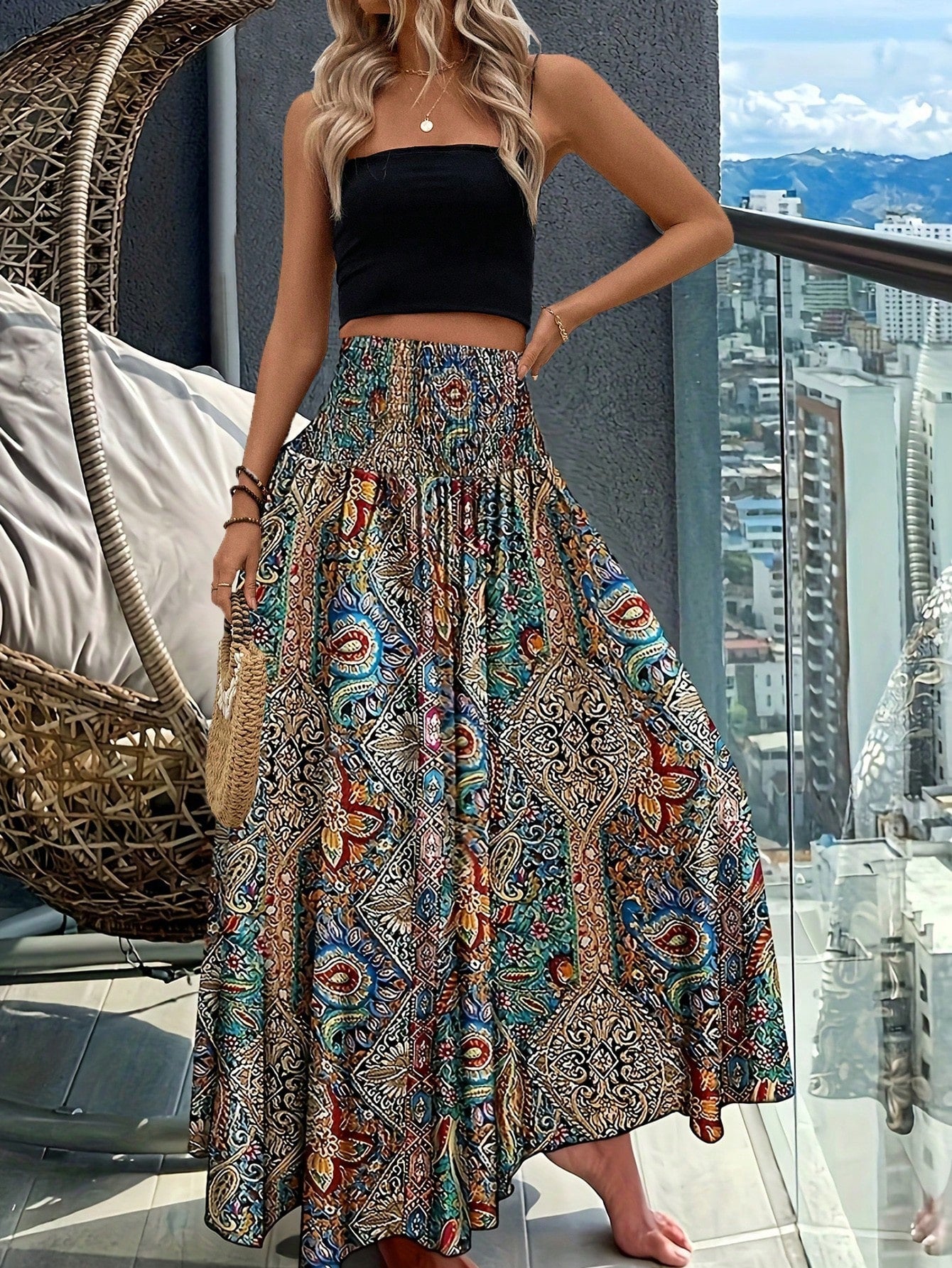 SHEIN PETITE Women's Holiday Cashew Print Loose Wide Leg Trousers