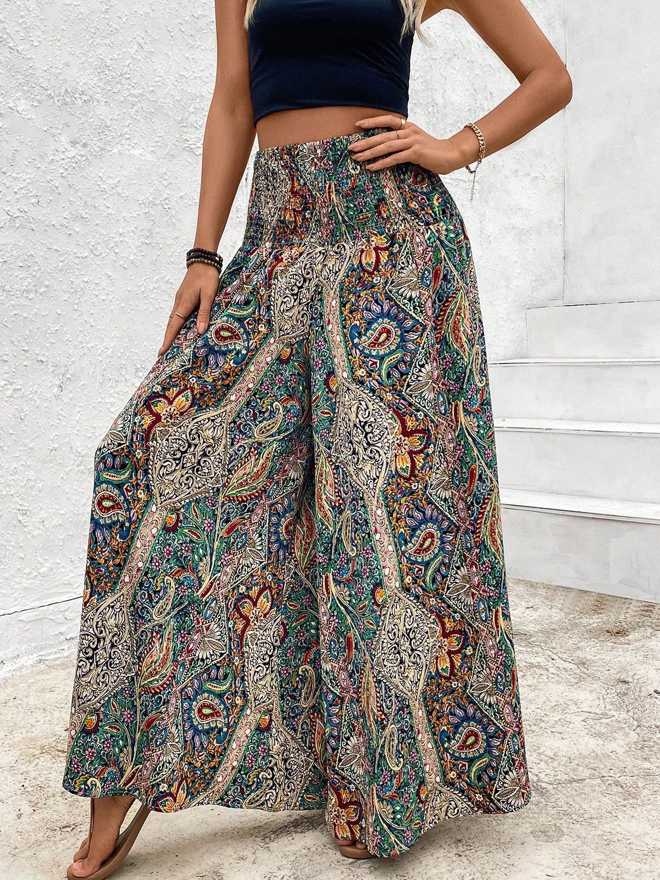SHEIN PETITE Women's Holiday Cashew Print Loose Wide Leg Trousers