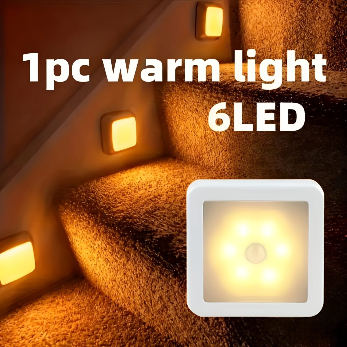 Smart Motion Sensor 6 - LED Floor/Ceiling/Wall Light - Wireless, IP44, Auto On/Off, Energy Saving, Plug - and - Play Installation, Modern Square Design. Suitable for Hallways, Stairs, Living Rooms, Bedrooms (Batteries Not Included). Ideal for Home, Garage