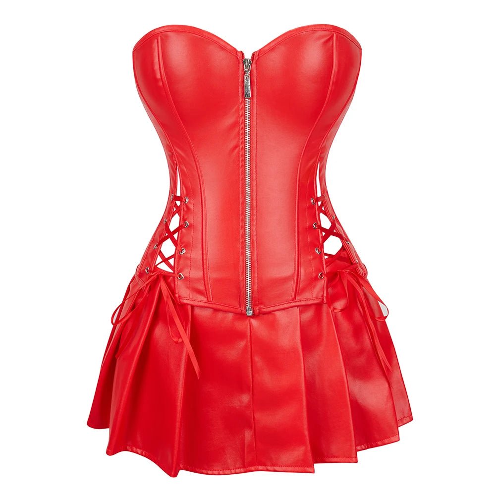 Steampunk Corset Dress Set Black Red Faux Leather Front Zip Overbust Bustier Top With Mini Skirt