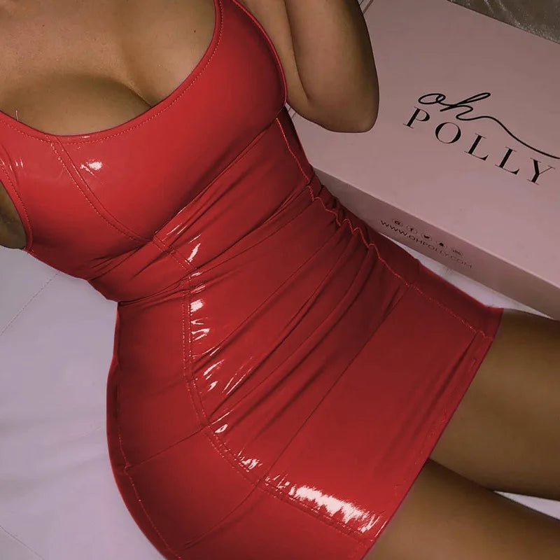 Street Style PU Leather Mini Dress Women's Sleeveless High Waist Short Skirt Sexy Strapless One Piece Color Block Bodycon Dress