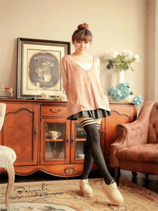 Student Style Women's Trendy Over - The - Knee Tights, Mock Thigh High Stockings, Velvet Stripe & Faux Thigh Design, Slimming Effect, Japanese Style, Black - Lolli World Marketplace