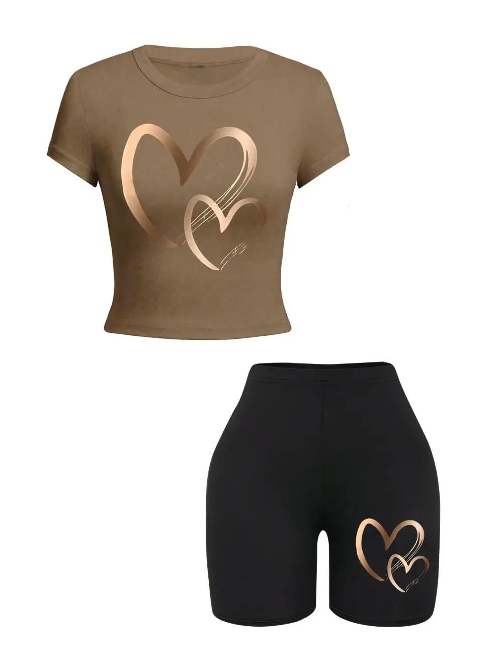 Summer Women Slim - fit T-Shirts & Shorts 2 Pieces Set Simple Hearts Pattern Prints Crop Tops Fashion High Elastic Soft Clothes