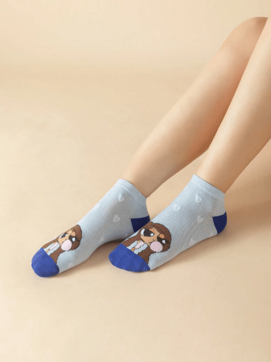 Tay Mills Artist Collection - 5 Pairs Fashionable Cute Cartoon Character Pattern Ankle Socks - Lolli World Marketplace