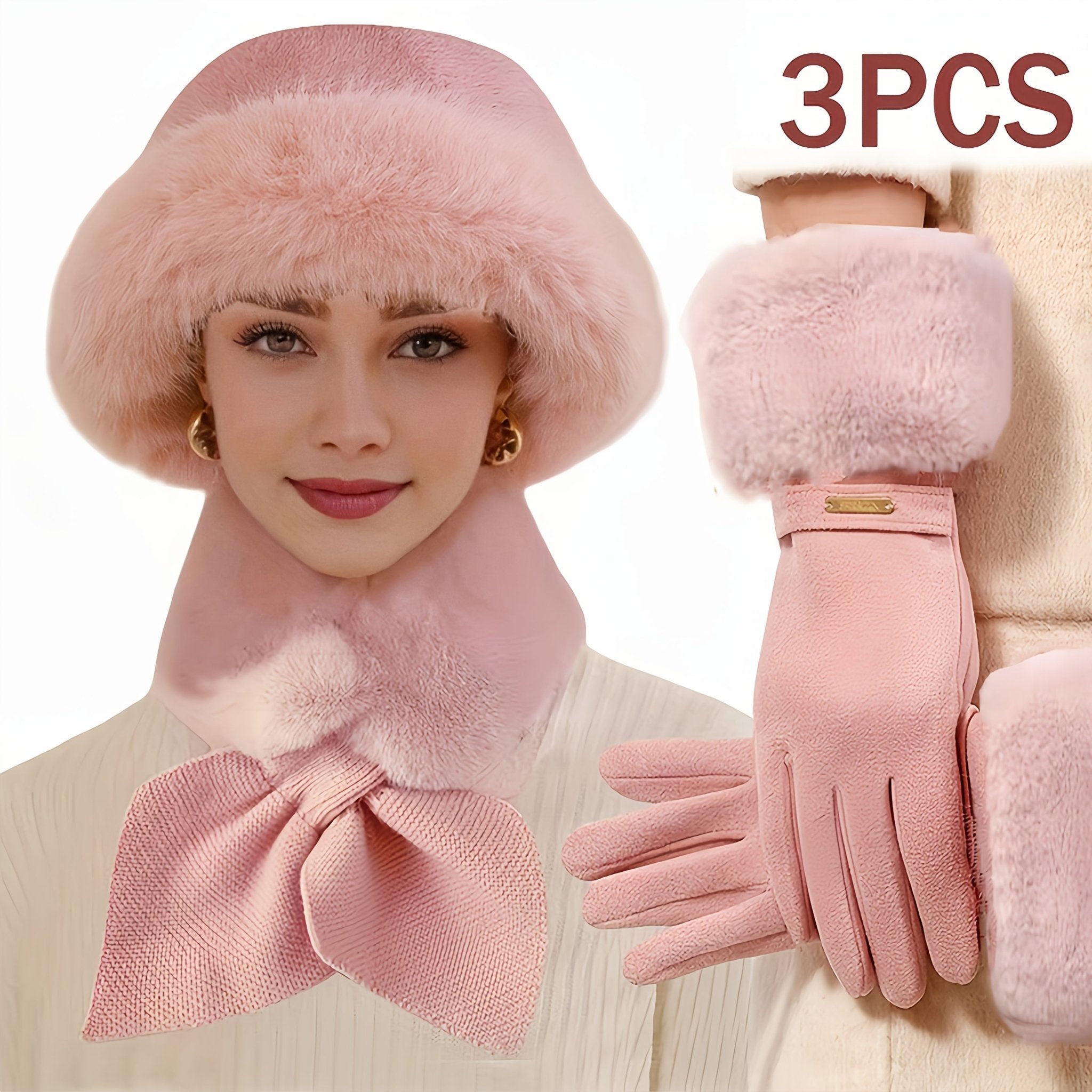 This 3pcs winter warmth accessory set includes a stylish touchscreen fingerless glove, a cross - thickened scarf and a plush hat. It is perfect for cold weather and outdoor activities, making it an ideal Christmas or Valentine's Day gift.