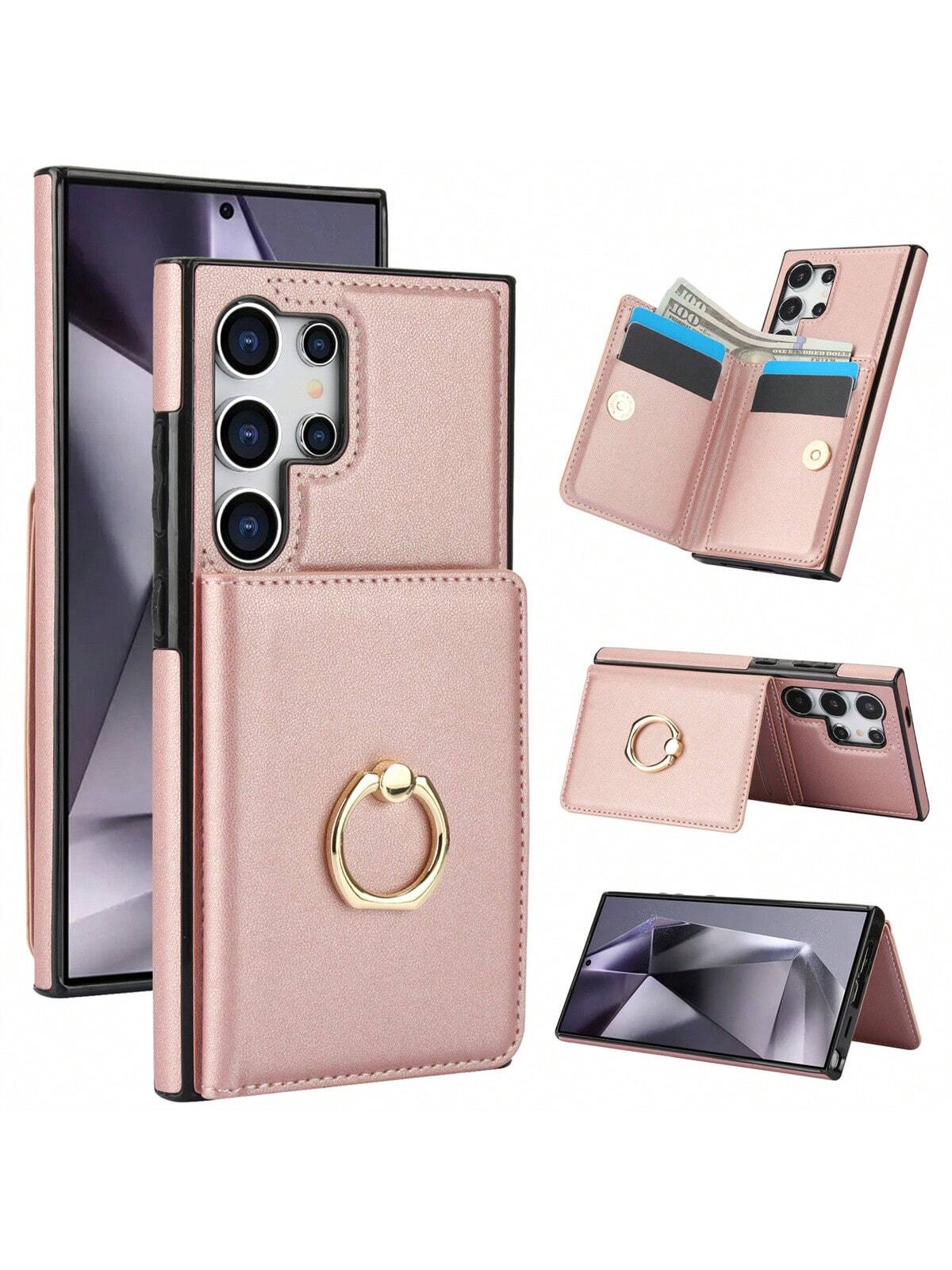 Wallet Case With Card Holder, 360° Rotation Ring Kickstand Magnetic Clasp Shockproof Cover