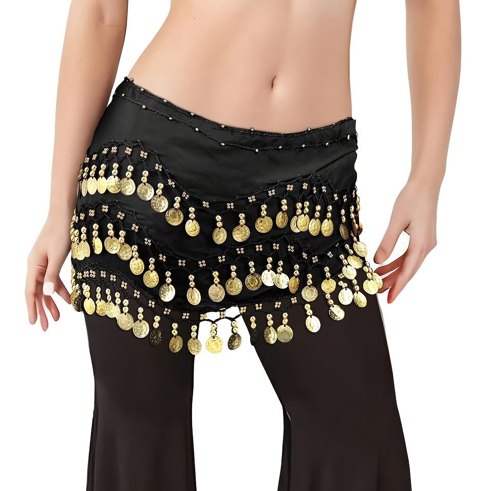 Women Belly Dance Hip Tassel Scarf, Dancing Costumes Sequin Golden Coin Hip Belt Skirt, Chiffon Dangling Belly Dance Waist Costume Belt for Women