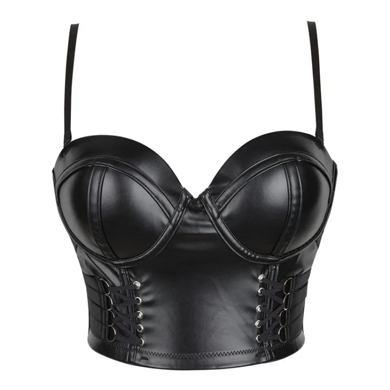 Women Pu Leather Corset Top Crop Bustier Gothic Punk Bra Push Up Bodice Corselet Party Short Camis Plus Size Black