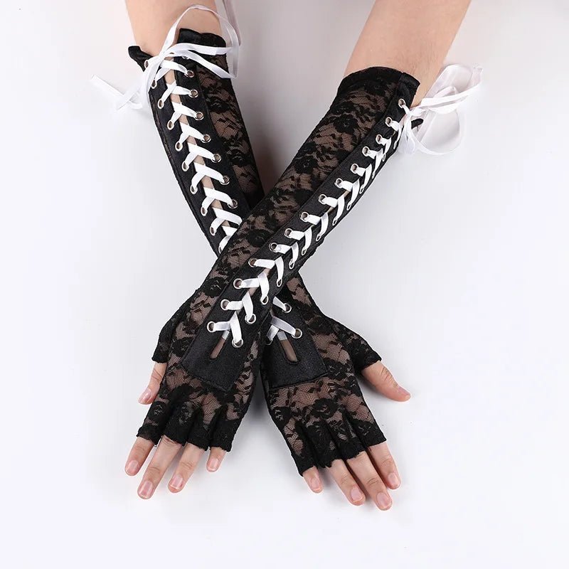 Women Sexy Floral Lace Elbow Length Half - Finger Gloves Black String Ribbon Ties Up Dance Party Fingerless Fishnet Mesh Mittens