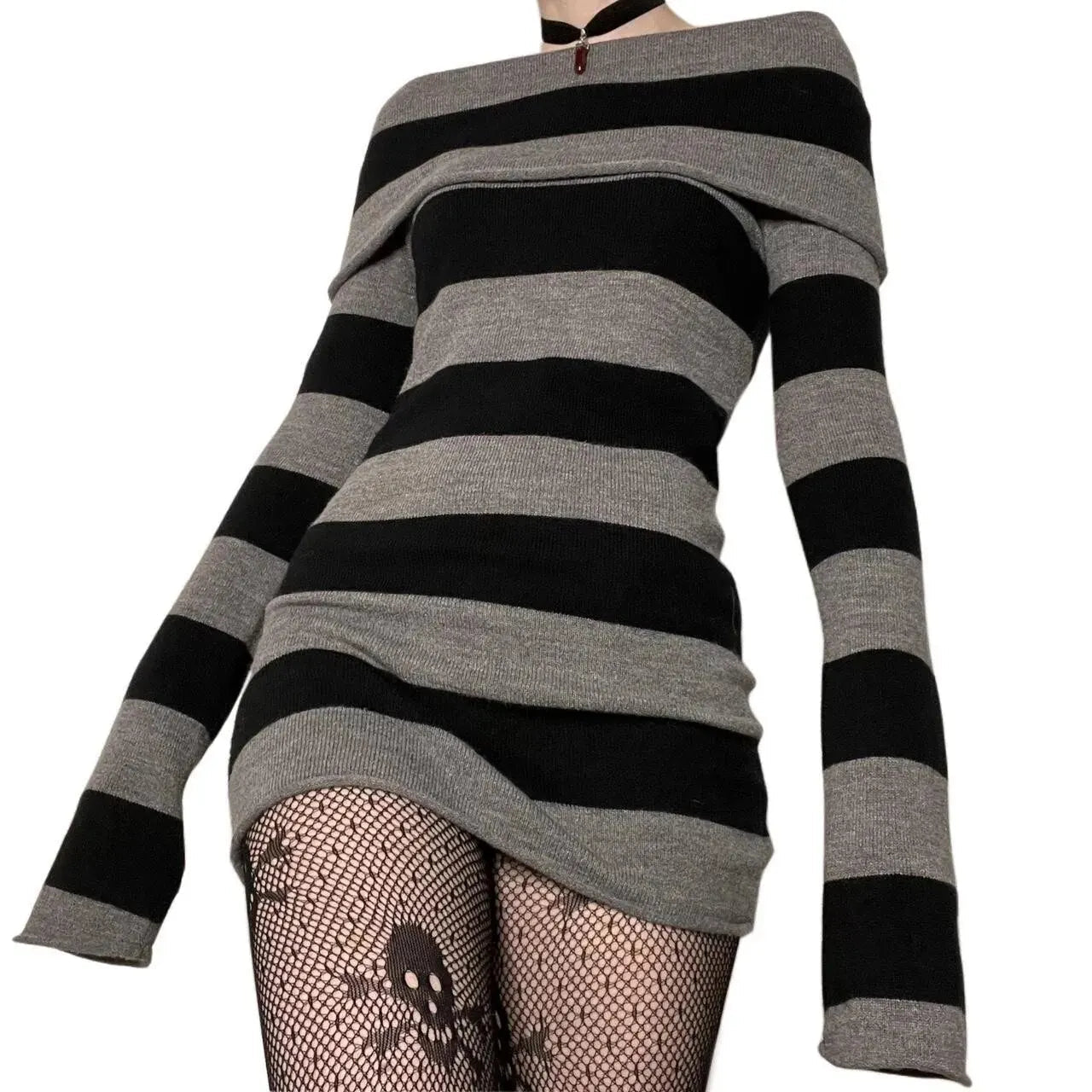 Women Striped Mini Bodycon Dress Stripe Boat - Neck Off Shoulder Long Sleeve Short Dress Spring Autumn Wrapped Hip Party Dress
