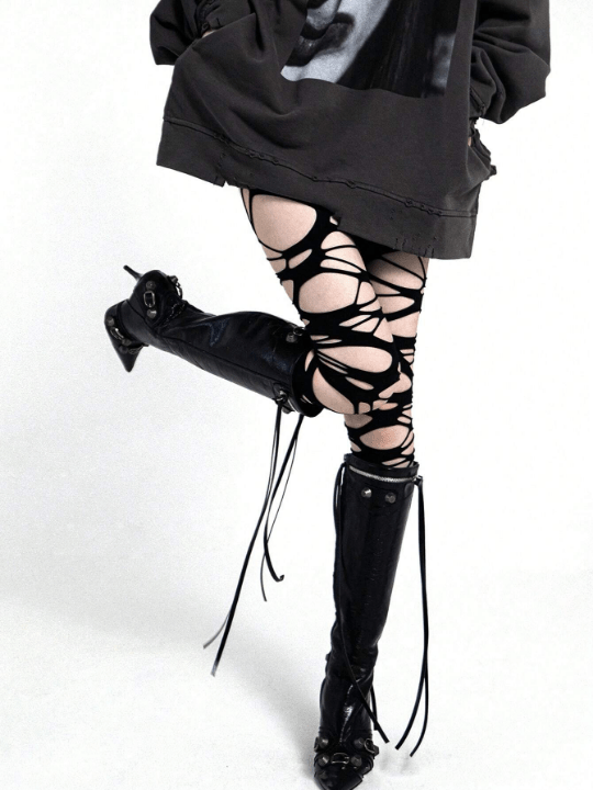Women's Black Sexy Subculture Y2k Ripped Fishnet Tights Mesh Leggings With Large Holes And Torn Decoration (pantyhose Not Included) - Lolli World Marketplace