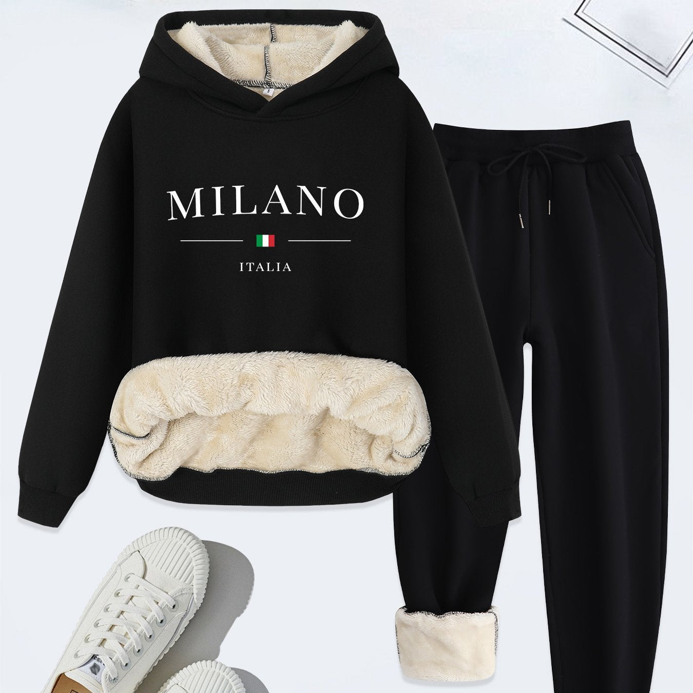 Women'S Cozy Fleece Hoodie & Pants Set - "MILANO ITALIA" Print, Black with Beige Trim, Casual Fall/Winter Outfit, Comfortable Clothing | Relaxed Fit Hoodie | Plush Fleece Material